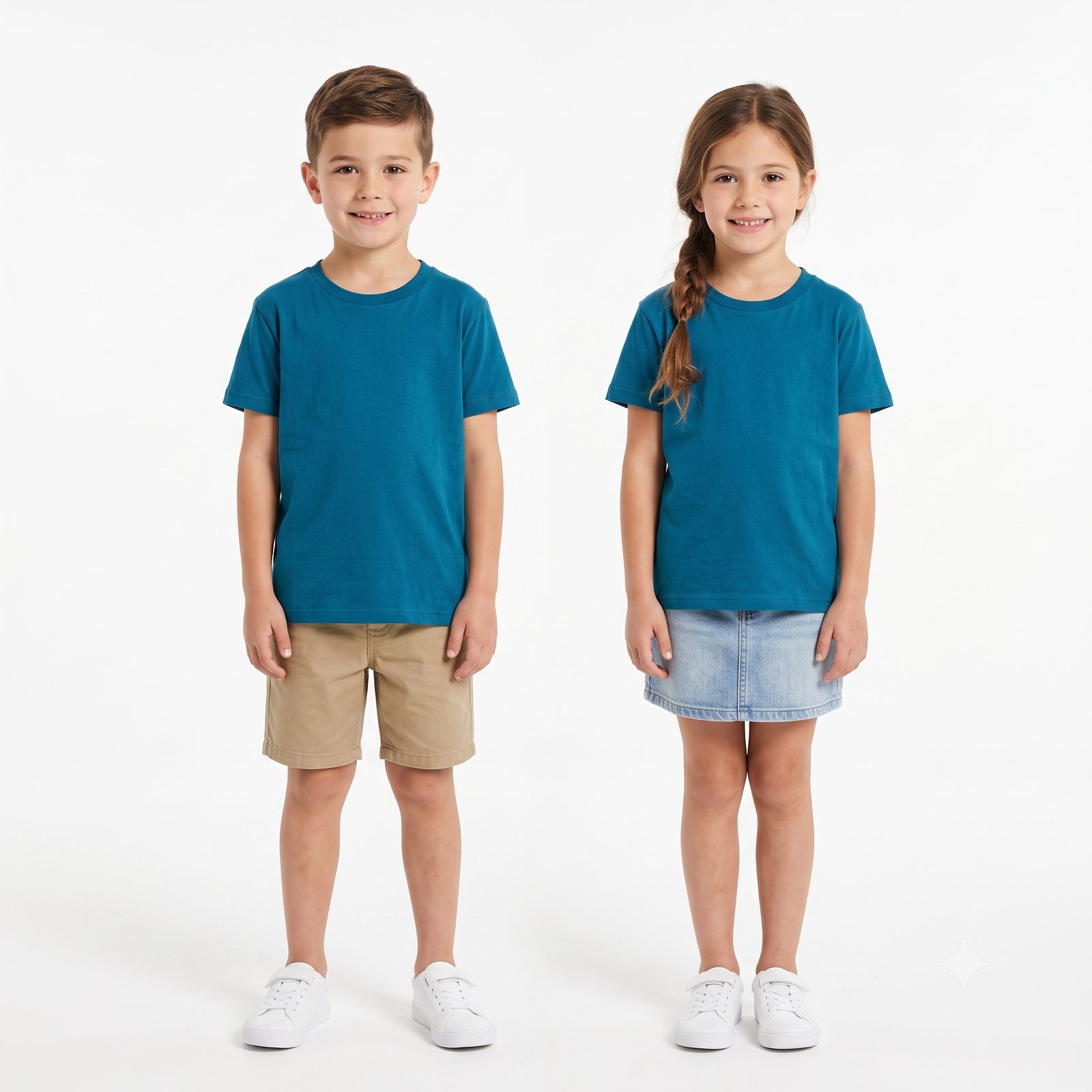 Camiseta manga corta infantil 160gr personalizada - niño y niña con camiseta azul turquesa lisa para estampar logo o diseño propio